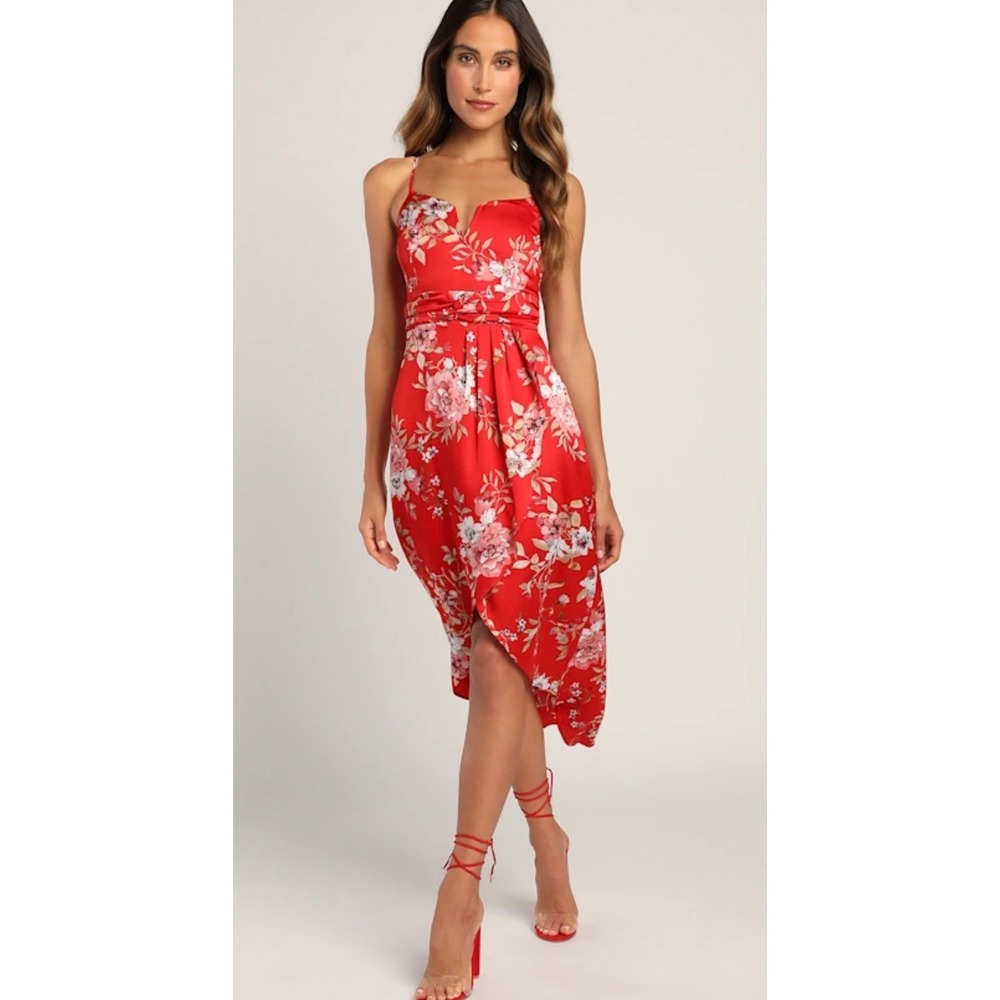 Lulus My Favorite Day Red Floral Print Tulip Skirt Midi Dress 1788516 Small